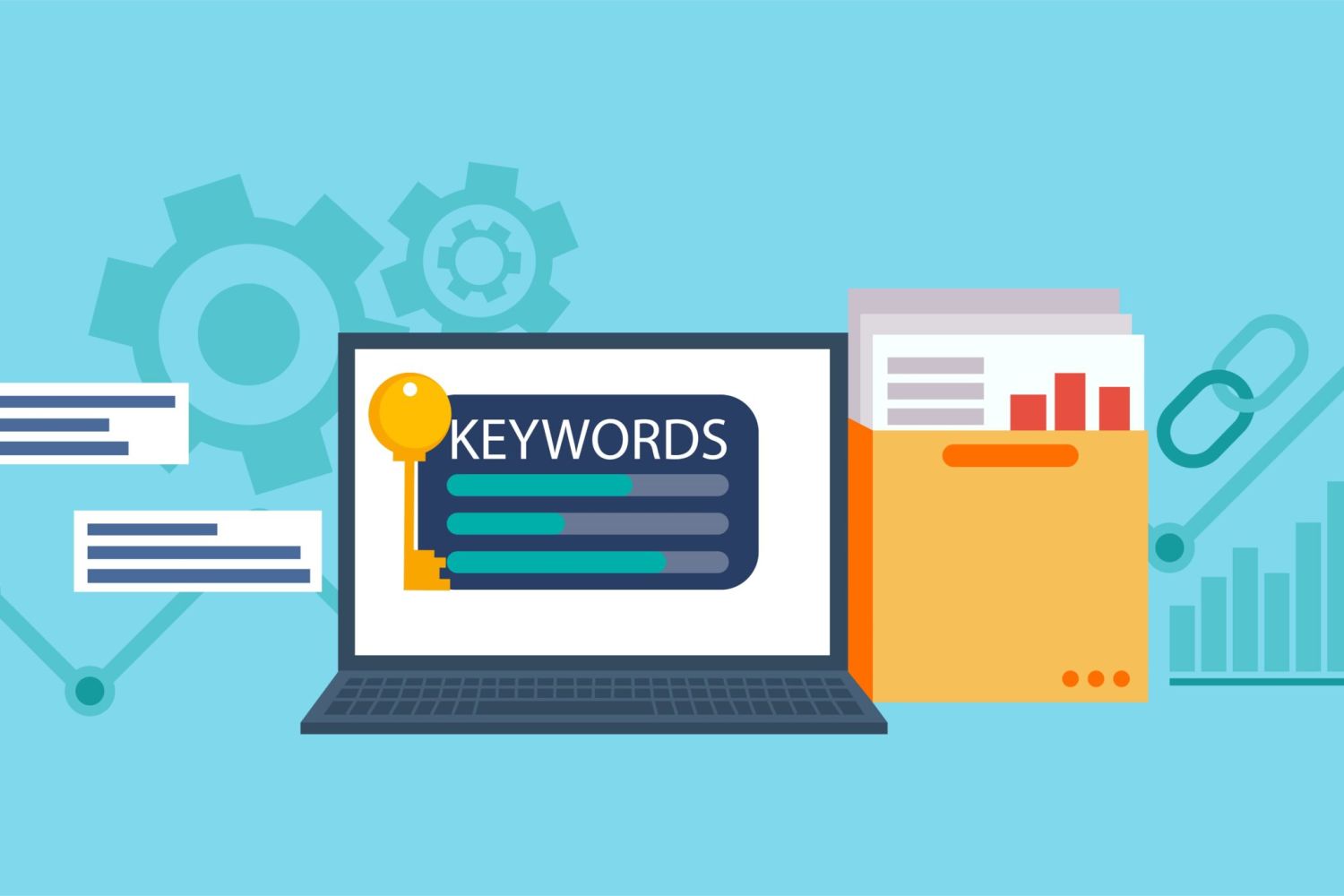 Keywords Research banner. Laptop with a folder of documents and graphs and key. Vector flat illustration